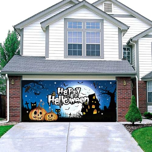 FINGUOLA 7 x 16FT Halloween Garage Door Cover Banner, Pumpkin Ghost Extra Large Halloween Outdoor Party,Garage Door Decorative Garage Door Mural,Halloween Garage Door Decorations