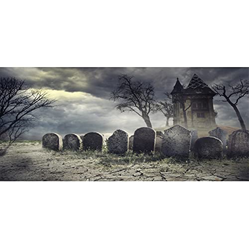 Laeacco Halloween Theme Backdrop 16x7ft Cloudy Creepy Wilderness Ghastly Cemetery Spooky Tombs Halloween Party Backdrop Foggy Haunted Castle Cracked Earth Trick or Treat Party Kids Baby Shoot Poster