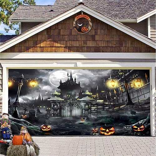 7 x 16 ft Happy Halloween Large Garage Door Banner Ghost Skeleton Pumpkin Garage Door Decoration Holiday Door Cover Hanging Banners for Room Window Outdoor Indoor Home Yard Party Decor (A)