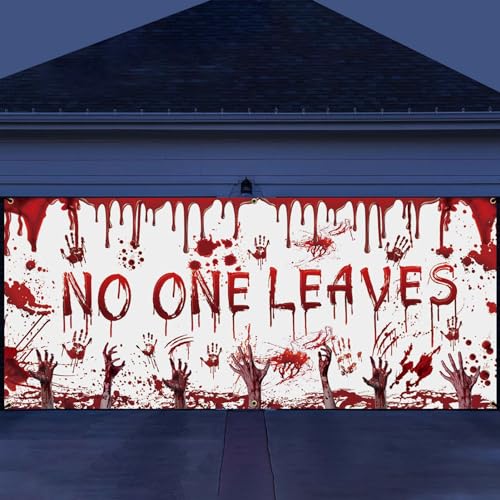 DARUNAXY Halloween Garage Door Decorations, 16X7ft Halloween Red Scary No One Leaves Garage Door Banner Backdrop Horror Handprint Fake Broken Hands Dismember Zombie Vampire Party Supplies for Outdoor