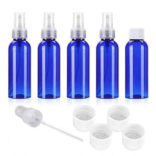 Fine Mist Spray Bottle 5Pcs 3.4oz/100ml Blue Travel Bottles With 5 Contain Caps Leak Proof for Makeup Cosmetic Containers (BLUE)