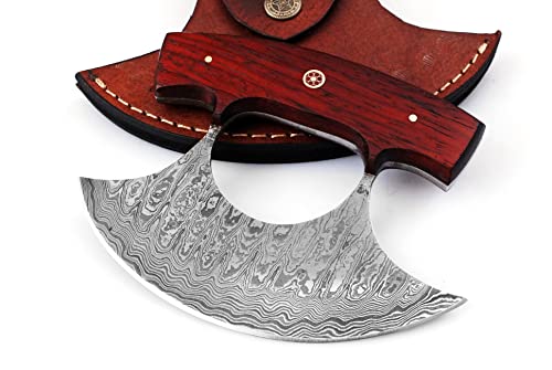 Bushcraft Custom Handmade Damascus Steel Ulu Knife - Best Alaskan Damascus Ulu Knife With Sheath - Multi-Purpose Damascus Knives For Skinning, Hunting, Chopping, (Red Padauk)