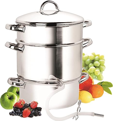 Cook N Home Basics Canning Juice Steamer Extractor With water/cooking pan, juice pan, strainer/loading pan, lid, and hose with clamp , 11-Quart, Mirror Satin, Stainless Steel