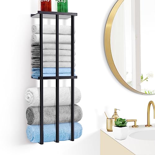 Towel Storage for Bathroom Wall,TooTaci Towel Storage for Small Bathroom,3 Bar Wall Towel Rack for Rolled Towels,Metal Bathroom Towel Holder Rack with Shelf for Small Space Organizer