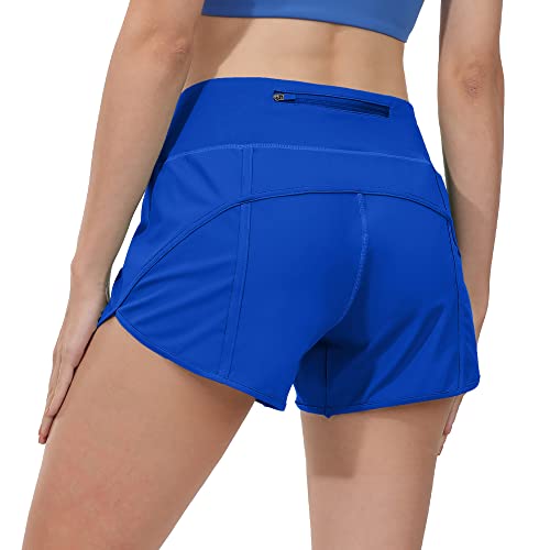 Aurefin Women's High Waisted Running Shorts for Women, Quick Dry Athletic Shorts with Mesh Liner and Back Zip Pocket Blue/X-Large