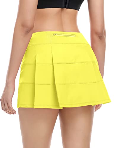 Tennis Skirt for Women with 4 Pockets Athletic Golf Skorts Skirts with Shorts Workout Running (Yellow,L)