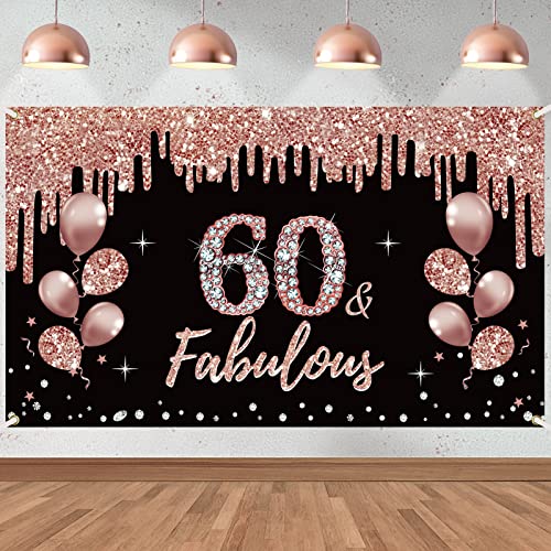 60th Birthday Decorations 60 & Fabulous Birthday Banner for Women, Rose Gold 60 Birthday Theme Sign Party Supplies, Sixty Year Old Bday Background Photo Booth for Indoor Outdoor