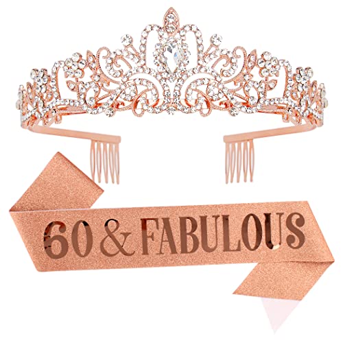 AOPRIE Birthday Crown for Women 60 & Fabulous Birthday Sash for Women Girls Rose Gold Birthday Tiara 60th Birthday Gifts Decoration for Women Princess Crown Rhinestone Headband Happy Birthday Accessories