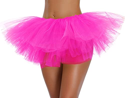 Women's, Teen, Adult Classic Elastic 3, 4, 5 Layered Tulle Tutu Skirt (One Size, Rosepink 5layer)