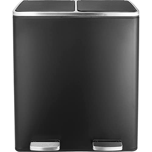 AthLike 60L(16 Gal) Dual Trash Can, Stainless Steel Kitchen Garbage Can, Double Compartment Classified Rubbish Bin, Recycle Dustbin w/Plastic Inner Buckets, Handle, Soft-Close Lid, Airtight