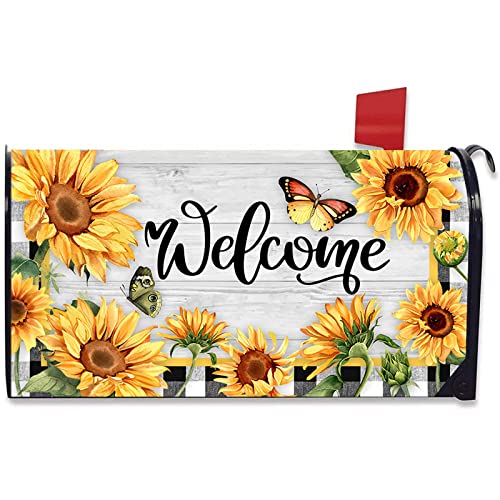 Auirre Summer Fall Welcome Mailbox Cover Magnetic Standard 21" x 18", Sunflower Butterfly Decorative Flower Buffalo Plaid Check Autumn Post Letter Box Wrap Farmhouse Rustic Decor for Garden Yard