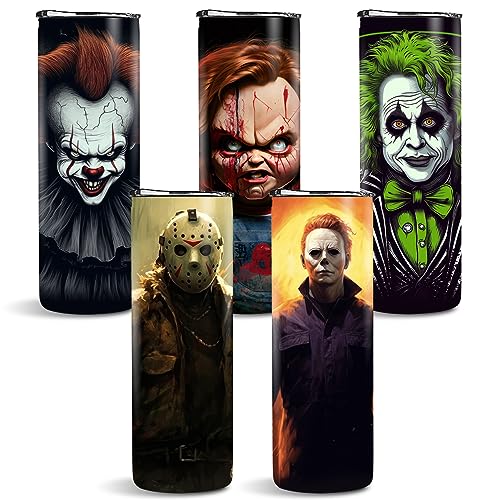 Halloween Decorations Scary Halloween Cup Wrap Horror Movie Characters 20oz Skinny Straight & Tapered Designs Horror Movie Decorations 5pcs Halloween Water Bottle Labels Cartoon Character Tumbler Wrap