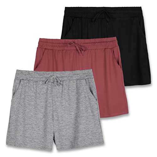 Real Essentials Women's Lounge Wear Short High Waisted Casual Sweat Shorts Pajama Summer Pockets Drawstring Workout Gym Active Athletic Yoga Running Fitness Ladies Sleep, Set 2, M, Pack of 3