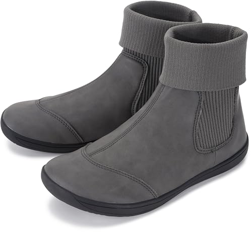 WHITIN Women's Wide Barefoot Chelsea Boots Mid-Calf Minimalist Bootie Zero Drop Flat Size 9 Pull-On Cowboy Cowgirl Leather Flat Shoes Fashion Grey 40