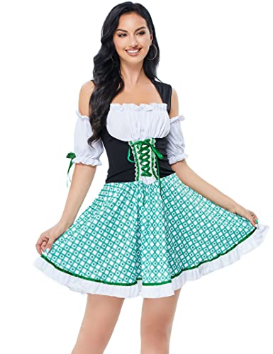 Clearlove Dirndl Dresses Women Traditional Oktoberfest Carnival Costumes Halloween Mini Dress High Waist Plaid Suspender Skirt Green 3XL