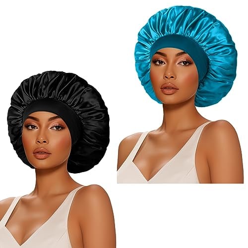 2Pcs Extra Large Silk Bonnet for Sleeping, 17inch Jumbo Satin Hair Bonnets for Women, Elastic Wide Band Silk Hair Wrap for Curly Hair Daffecs (Black Peacock Blue)