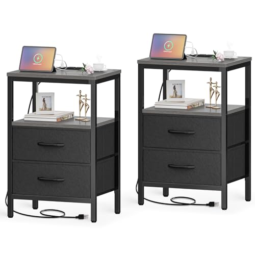 Huuger Nightstands Set of 2, End Tables with Charging Station, Side Tables with Fabric Drawers, Bedside Tables with USB Ports and Outlets, Night Stands for Bedroom, Charcoal Gray