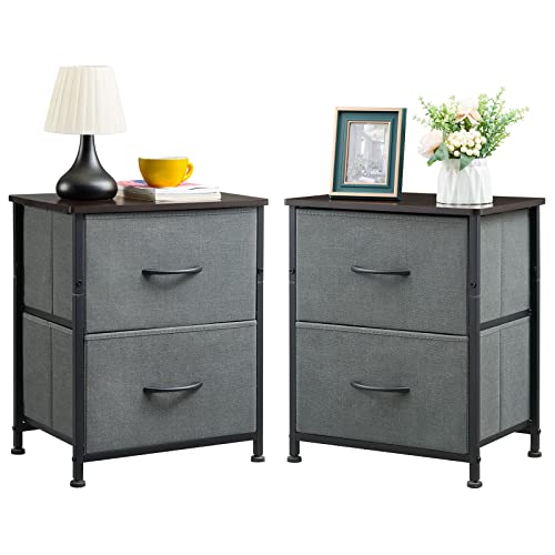 Somdot Nightstands Set of 2 with 2 Drawers, Bedside Table Small Dresser with Removable Fabric Bins for Bedroom Nursery Closet Living Room - Sturdy Steel Frame, Wood Top - Charcoal Grey/Dark Walnut