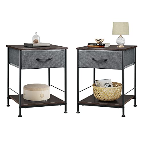 WLIVE Nightstand Set of 2, End Table with Fabric Storage Drawer and Open Wood Shelf, Bedside Furniture with Steel Frame, Side Table for Bedroom, Dorm, Easy Assembly, Dark Grey