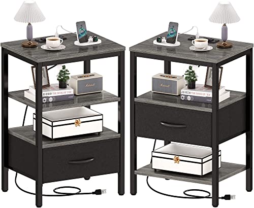 SUPERJARE Nightstands Set of 2, Bed Side Tables with Charging Station, Adjustable Fabric Drawer, Night Stands for Bedroom, 3-Tier Storage End Tables, for Living Room - Charcoal Gray