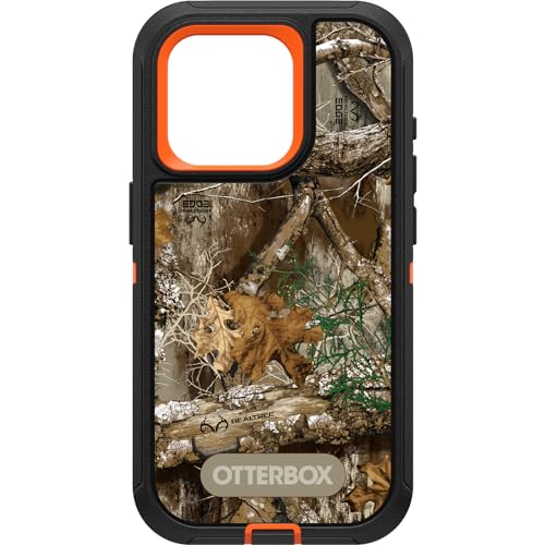 OtterBox iPhone 15 Pro (Only) Defender Series Case - REALTREE EDGE (Blaze Orange/Black/RT Edge) , rugged & durable, with port protection, includes holster clip kickstand