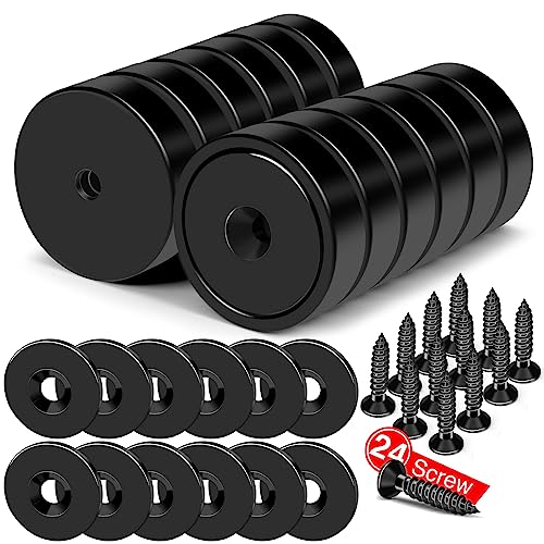 MIKEDE 12Pack Strong Neodymium Cup Magnets, 70Lbs+ Force Heavy Duty Black Round Base Cup Magnets with Countersunk Hole, Powerful Industrial Rare Earth Magnets with Screw for Mounting, 0.98x0.22inch