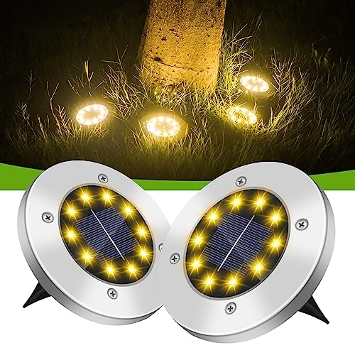 CreekFrog Solar Ground Lights Outdoor, 4 Packs Bright Solar Powered Flat Lights with Updated 10 LEDs, Waterproof Disk Warm Lights for Garden Patio Yard Deck Lawn Walkway Landscape Decor