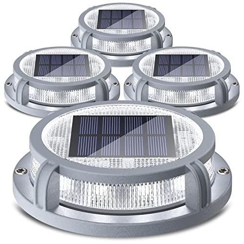 SIEDiNLAR Solar Deck Lights Outdoor 2 Modes 16 LEDs Driveway Markers Dock Light Solar Powered Waterproof for Ground Step Pathway Walkway Stair Garden Road Yard 4 Pack (Cool White/Warm White)