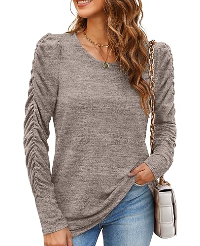 OFEEFAN Long Sleeve Shirts for Women Cotton Tunic Tops for Women Loose Fit Dressy Cute Sweatshirt Soft Coffee L