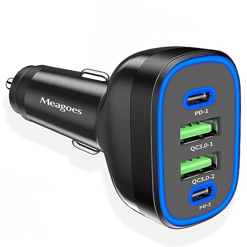 USB C Car Charger, Meagoes 72W 4 Ports Super Fast Automobile Charger Compatible for iPhone 15 Pro/Max/14/13/12/11/iPad Air, Samsung Galaxy S23 Plus/Ultra/S22/S21 Type C Cigarette Lighter USB Charger