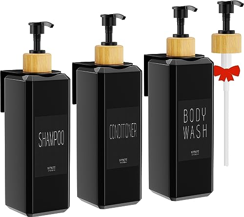 VITVITI Shampoo and Conditioner Dispenser, 17OZ Refillable Shower Soap Dispenser Wall Mounted, Plastic Shampoo/Body Wash Shower Bottles for Bathroom with Pump/Labels, Bamboo(Black)