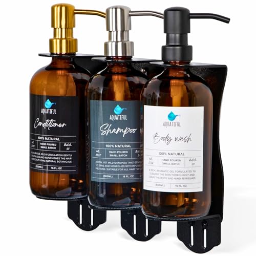 Shower Dispenser 3 Chamber No Drill with Amber Glass Bottles - Easy to Install Shower Soap Dispenser Wall Mounted No Drill - Beautiful Soap & Shampoo Dispenser Wall Mount - 9 Waterproof Labels
