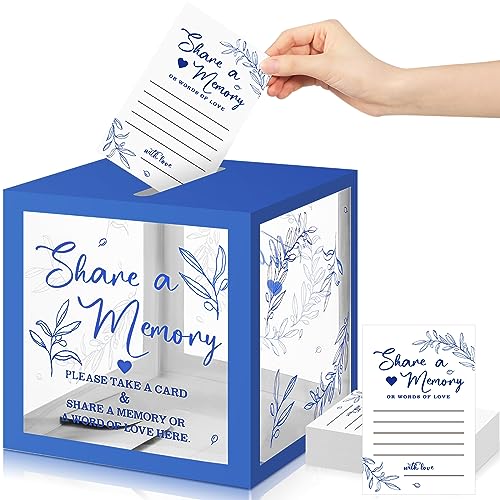 50 Pcs Greenery Share a Memory Cards for Collections of Life, Memory Cards Box Guest Card Ideas for Funeral Graduation Wedding Bridal Shower Birthday Anniversary Retirement (Blue)
