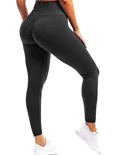 FITTOO Women Butt Lift Ruched Yoga Pants Sport Pants Workout Leggings Sexy High Waist Trousers Ruched Black(S)