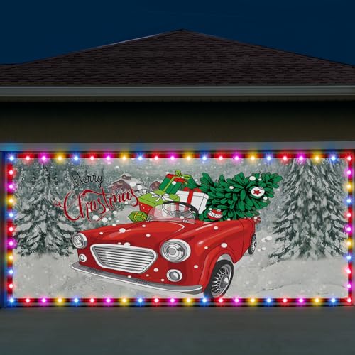 7 x 16 ft Christmas Outdoor Garage Door Banner Red Truck Large Christmas Backdrop Decoration with LED String Lights Winter Farmhouse Rustic Quote Burlap Door Cover Decoration Holiday Vinyl Cover (Car)