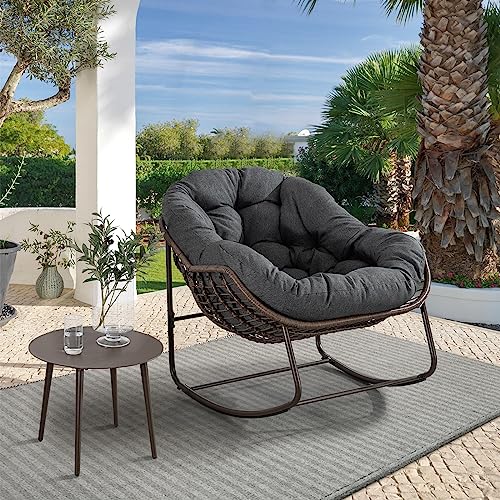 Outdoor Rocking Chair, Patio Oversized Wicker Egg Rocking Chair, Indoor & Outdoor Comfy Rocker Chair with Thick Cushion, Modern Lounge Chair for Balcony, Front Porch, Garden, Backyard, Deck, Grey