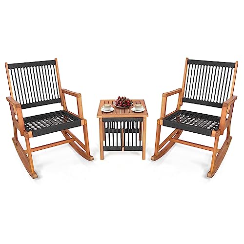 Tangkula 3 Pieces Acacia Wood Rocking Bistro Set, All-Weather Rope Woven Patio Furniture Set with Coffee Table, Outdoor Conversation Set for Front Porch, Deck, Balcony (Black & Natural)