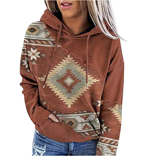 daily deals clearance Women's Western Aztec Ethnic Style Hooded Sweatshirts Casual Folk Pullover Long Sleeve Pocket Hoodies women fall fashion Coffee L