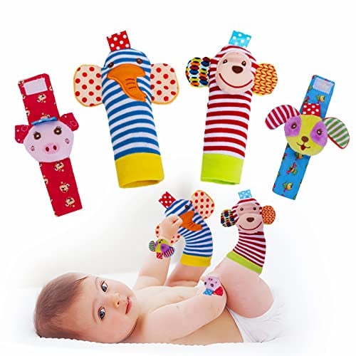 PADONISE Soft Animal Wrist Rattles Foot Finder Socks Baby Toy Set Cotton Plush Stuffed Animal Toys Car Charm Crib Stroller Soothing Toys for Newborn Gift for Infant Baby 0-3-6-12-24-48 Months