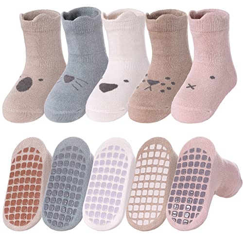 Dosoni Toddlers Non Slip Socks with Grips Baby Girls Boys Anti Skid Crew Cotton Gift Socks for Infants Kids 5 Pairs Style A,1-3 Year Old