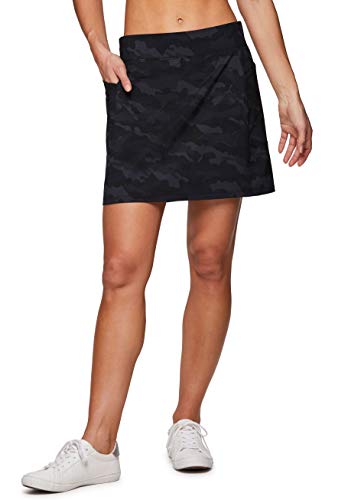 RBX Active Women's Fashion Stretch Woven Flat Front Athletic Camo Golf/Tennis Skort with Attached Bike Shorts and Pockets S21 Black Camo M