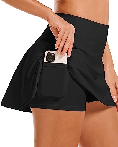 Stelle Women Tennis Golf Skirts High Waisted with Inner Shorts for Athletic Workout Sports Skorts Running Pickleball (BK, M) Black