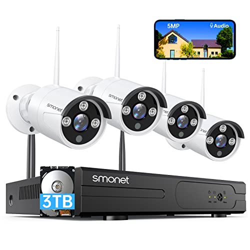 [5MP HD,Audio] SMONET WiFi Security Camera System,3TB Hard Drive,8CH Home Surveillance DVR Kits,4 Packs Outdoor Indoor IP Cameras Set,IP66 Waterproof,Free Phone APP,Night Vision,24/7 Video Recording