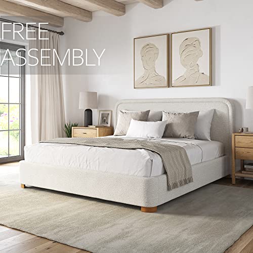 Queen Bed Frame with Headboard - Free Assembly, Boucle Color Upholstered Queen Size Beds - Sturdy Wood Platform Bedframe, Non-Slip and Noise-Free, Modern style, Soft rounded corners (Boucle, Queen)