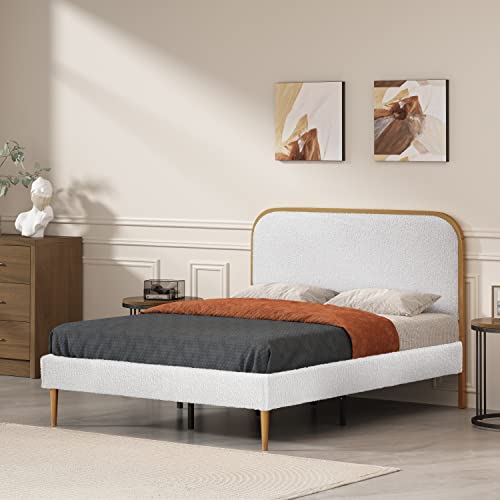 YUHUASHI Metal Platform Bed Frame/Cashmere Fabric Design (100% Polyester), Wooden slats, Easy to Assemble, no Box Spring Required (White & Gold, Queen (U.S. Standard))