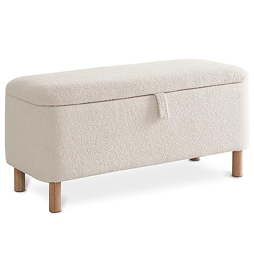 Comfort Stretch Boucle Bedroom Living Room Entryway Storage Ottoman Bench, Sherpa Upholster Bed End Window Shoe Seat Large Rectangle Cushion Padded Foot Rest Toy Blanket Chest Cute for Girl Kid, White