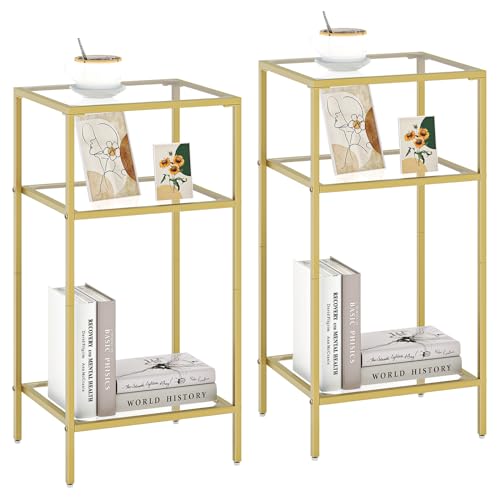 HOMSHO 3-Tier Side Table,Set of 2 End Tables with Tempered Glass, Nightstands with Storage Shelves, Slim Sofa Table for Living Room, Bedroom (2, Golden)