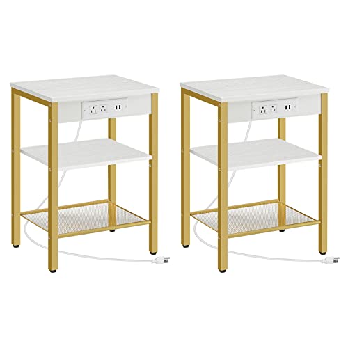 HOOBRO End Tables Set of 2 with Charging Station and USB Ports, 3-Tier Nightstand with Adjustable Shelves, Narrow Side Table for Small Space in Living Room, Bedroom, White and Gold DW112BZP201G1