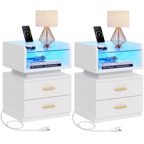 YITAHOME LED Nightstand with Charging Station, Night Stand with Glass Top, Modern Bedside Tables with 2 Drawers for Bedroom, End Side Table with USB Ports and Outlets, Set of 2, White & Gold