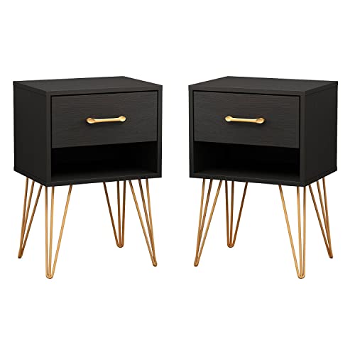 FAMAPY Nightstands Set of 2, Bedside Table Side Table with Drawer & Shelf, Industrial Style, Gold Metal Legs, End Table Black (15.7W x 11.8D x 23.6H)